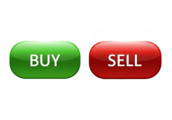 3D illustration of isolated buy and sell buttons on transparent background, which are financial transactions. 3D green buy button and red sell button