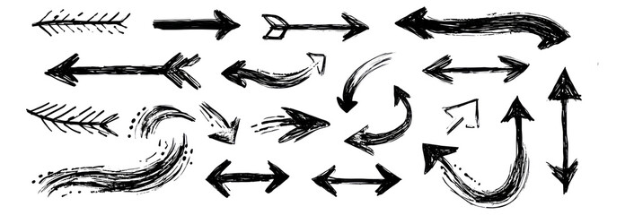 illustration: hand drawn sketch pencil drawing many different arrow element set, graphic vector pen scribble icons isolated on white or transparent