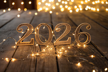 Happy New Year 2026 illuminated decorative numerals with glowing string lights on wooden floor, warm festive ambiance creating cozy celebratory atmosphere generative ai