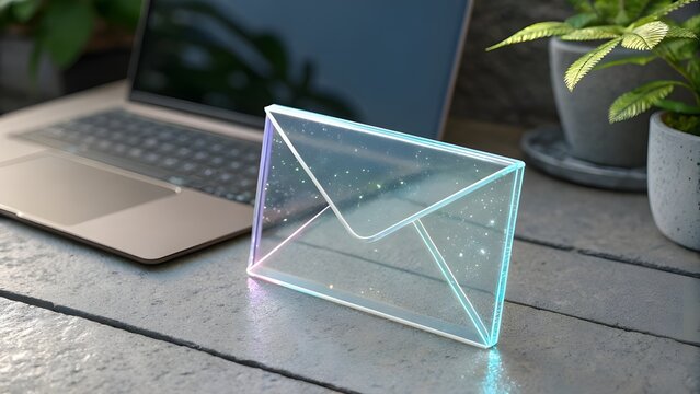 Futuristic glass envelope icon with glowing light effects placed on textured desk beside laptop and plants representing digital communication and modern business messaging concepts