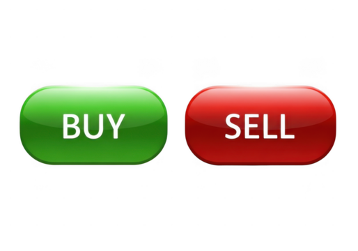 3D illustration of isolated buy and sell buttons on transparent background, which are financial transactions. 3D green buy button and red sell button