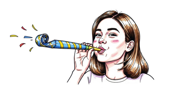 Cheerful woman celebrating with party blower, perfect for festive occasions and joyful announcements with vibrant color and exuberant expression