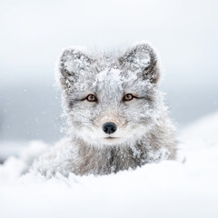 Naklejka premium Wild arctic fox blends into snowy winter landscape in a quiet Arctic setting