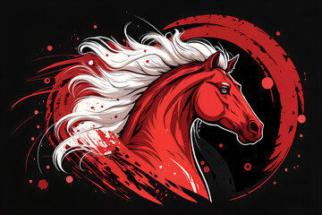 Dynamic red horse with flowing white mane in circular brushstroke design on black background, symbolizing strength, freedom, and energy in artistic celebration generative ai