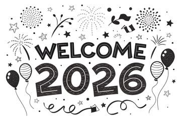 Welcome 2026 celebration design in bold stylized letters with fireworks, stars, confetti, streamers, balloons, and party hats in monochrome black-and-white theme generative ai