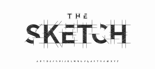 Pencil Drawn Blueprint Font, Sketch Architectural Alphabet, Geometric Cutout Letters, Minimalist Architect Type for Creative Architecture Logo, Building Engineering Typographic Design. Vector Typeset
