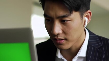 Closeup of a focused young Asian businessman wearing wireless earbuds intently working on a laptop with a green screen in a modern office environment showcasing dedication and technology integration .