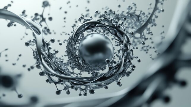 Programmable matter, a swarm of millions of microscopic catoms (claytronic atoms) shifting in unison to form a perfect, metallic sphere that then morphs into a complex gear, abstract, high-tech