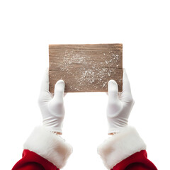 A pair of white-gloved hands hold a wooden sign with a snowy texture. The background is transparent, emphasizing the isolated object.