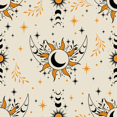 Magic seamless vector pattern with herbs, moons and stars. Boho pattern for astrology, esoteric, tarot, mystic and magic. 