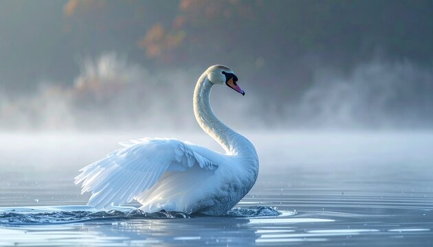 Swan on Misty Lake at Dawn