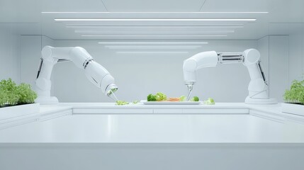 robotic chef, a series of gleaming chrome and white robotic arms, precisely chopping and preparing food with inhuman speed and accuracy in a pristine, modern kitchen, motion blur effect. 