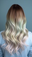 Obraz premium Vertical banner, wallpaper for social media of Image is a portrait-style photograph focusing on the back of a persons head and shoulders. The subject has long, wavy hair with a gradient color