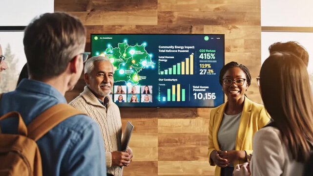 A diverse group discusses data on a screen, with energy impact stats and remote participant feeds