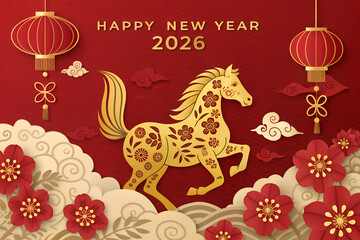 Chinese New Year 2026 greeting with golden zodiac horse, floral motifs, red background, lanterns, and decorative clouds symbolizing prosperity, culture, and festivity generative ai