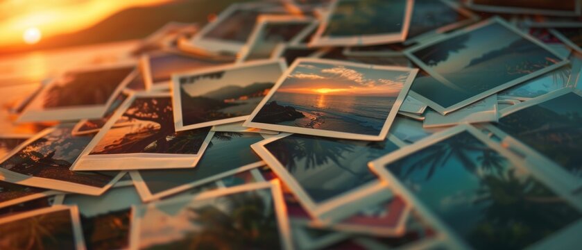 Stack of travel photographs featuring beach scenes illuminated by warm sunset glow.