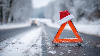 Christmas emergency on a snowy road with a warning triangle and Santa hat