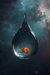 A spherical, teardrop-sized water droplet is suspended in the vacuum of space, set against a vibrant nebula. Inside, bioluminescent civilizations emit warm amber-gold light, showcasing intricate cellu