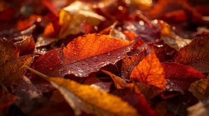 High-resolution, close-up macro of a perfect collection of fall leaves in vibrant fiery shades of orange, deep red, bright yellow, and warm amber, with subtle variations in hue and tone