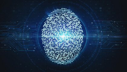 A bright, white digital fingerprint graphic glows intensely in the center of a dark blue-black background. The minimalist image symbolizes biometric security, identity protection, access control, and 