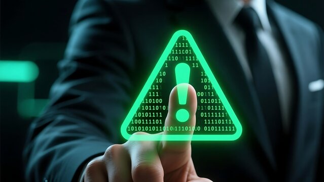 Cybersecurity threat detection and prevention with binary code warning sign for data protection