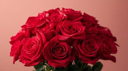 Obraz premium Vibrant red rose flowers in a lush bunch, with delicate petals and soft, gentle textures, set against a neutral background, accentuates their aesthetic appeal, featuring a mix of closed, open blooms