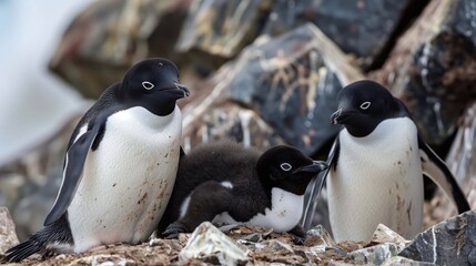 A colony of Adelie penguins nesting on rocky shores