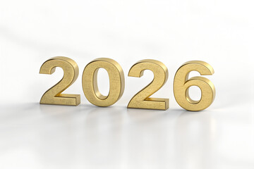 Golden 3D numerals “2026” standing on white surface with soft shadow and smooth gradient background, symbolizing celebration, milestone, and New Year elegance generative ai