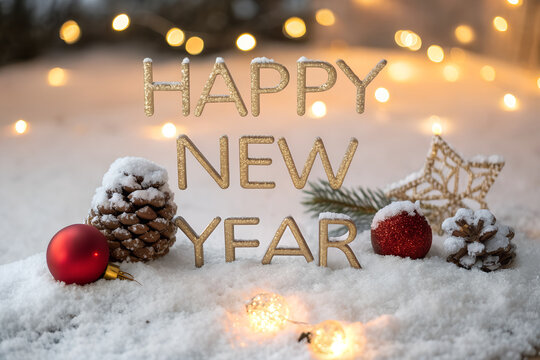 Happy New Year greeting in glittery gold letters on snowy surface with pinecones, ornaments, red decorations, gold star, and glowing lights creating cozy celebration generative ai