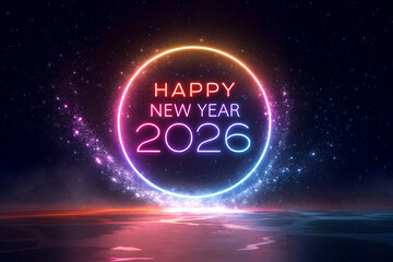 Happy New Year 2026 neon circle with glowing pink, purple, and blue text, starry background, sparkling light effects, and reflective surface creating festive vibe generative ai
