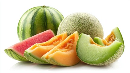 Fresh ripe melons and watermelon slices on white background showing cantaloupe, honeydew varieties with juicy orange and pink flesh for summer fruit and healthy eating