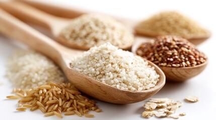 Various types of rice and grains displayed in wooden spoons including white, brown, red, wild rice, quinoa and oats on neutral background, healthy food ingredients concept