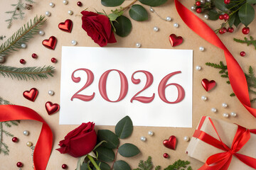 Happy New Year 2026 card with bold red decorative numbers, roses, ribbon, hearts, silver beads, pine branches, and gift box, symbolizing romance and festivity generative ai