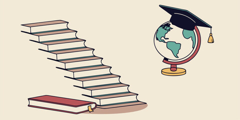 Vector illustration of globe, graduation cap on book, symbolizing education, study abroad programs, and global learning concept.