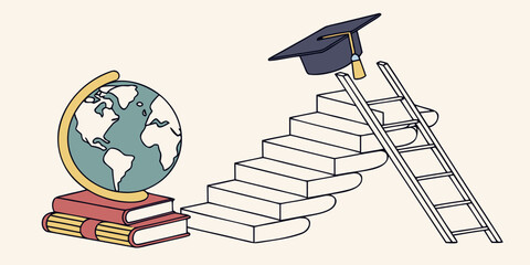 Education vector illustration of globe topped with graduation cap on book, symbolizing study abroad programs and global learning.