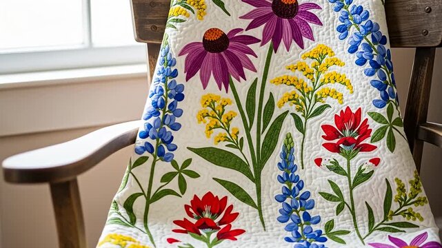Floral quilt draped on a wooden chair, showcasing vibrant purple, red, yellow, and blue flowers