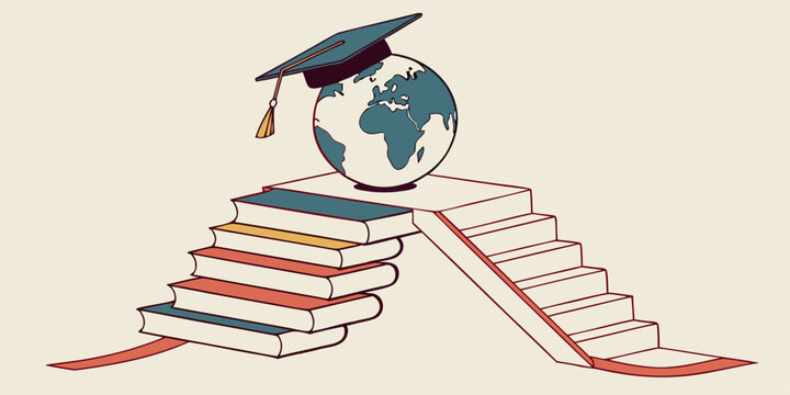 Education and study abroad vector design, globe and graduation cap on book, representing international academic programs.