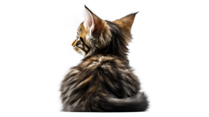 Fluffy tabby kitten looking away attentively on white background