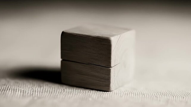 Close-up of a stacked, neutral-toned rectangular prism object with visible horizontal lines