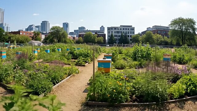Lush community garden with bee hives and skyline backdrop on a sunny day
