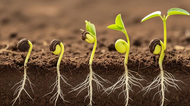 Seedlings progress from seeds in soil, showing roots and early leaves