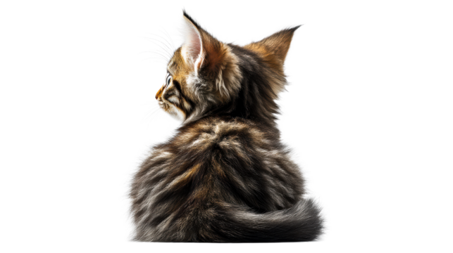 Fluffy tabby kitten looking away attentively on white background