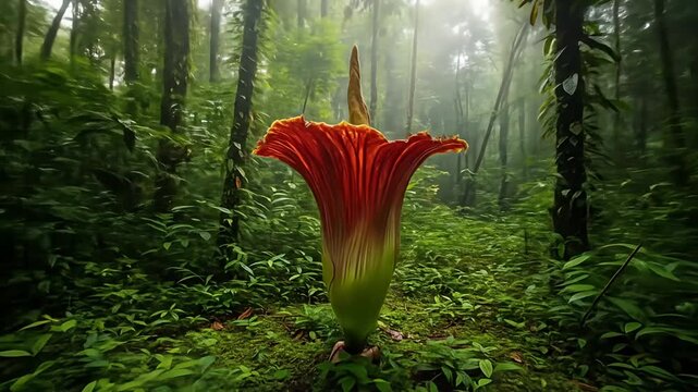 A giant, red, phallic flower rises in a misty, green jungle scene, up towards sunlight