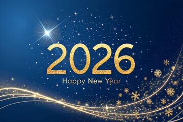 Happy New Year 2026 greeting with glittering gold numbers, elegant white text, dark blue starry background, swirling golden lines, snowflakes, and glowing particles generative ai