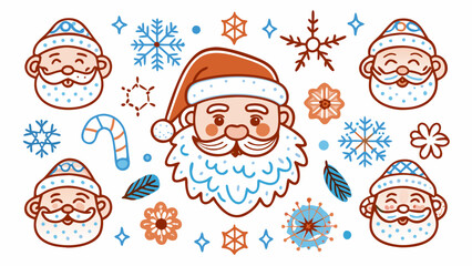 Festive santa claus faces and snowflakes