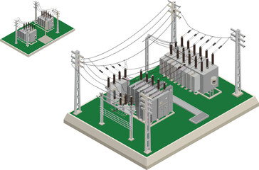 Isometric 3D illustration of electrical substation with transformers, power lines and circuit breakers, energy distribution and industrial electricity infrastructure