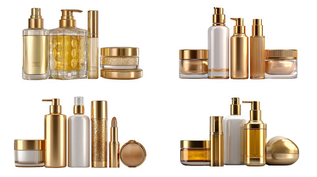 Elegant golden cosmetic product collection offering luxury skincare solutions isolated on transparent background