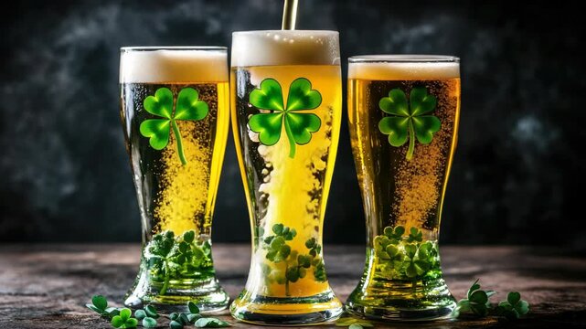 Three glasses of green beer with clovers and shamrocks garnish, perfect for a festive celebration.