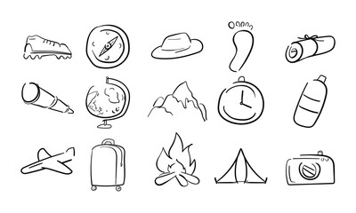 Hand Drawn Travel and Adventure Line Icons Set | Minimal Handwriting Doodle Outline Vector Collection for Explorer and Vacation Design