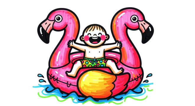 Joyful child splashing in the water on a fun flamingo float, celebrating summer vacation and carefree childhood adventures with big smiles